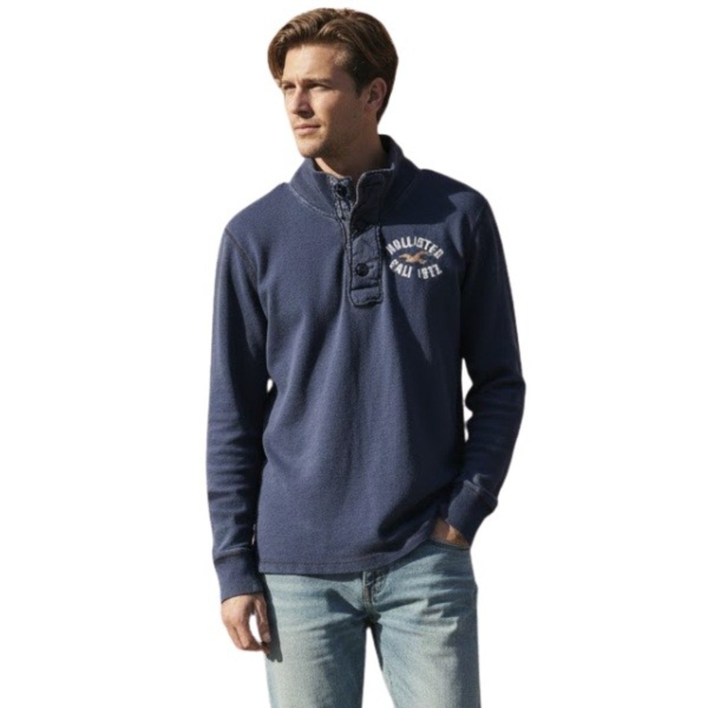 Vintage Hollister Henley Thick Long Sleeve Tee 90s Preppy Navy Men's Medium
